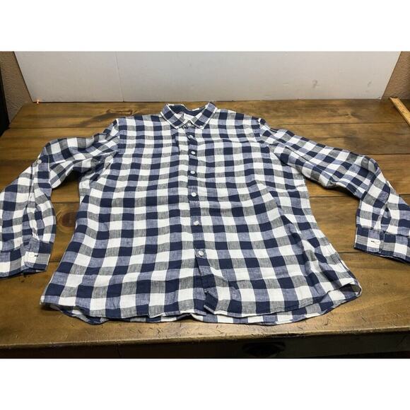 BAIRD MCNUTT Murano Slim Fit Linen Button Down Shirt XL Blue Check - Picture 2 of 12